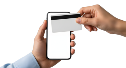 Seamlessly tapping credit card to smartphone screen for secure digital payment and convenient online transactions, embracing modern financial technology., PNG