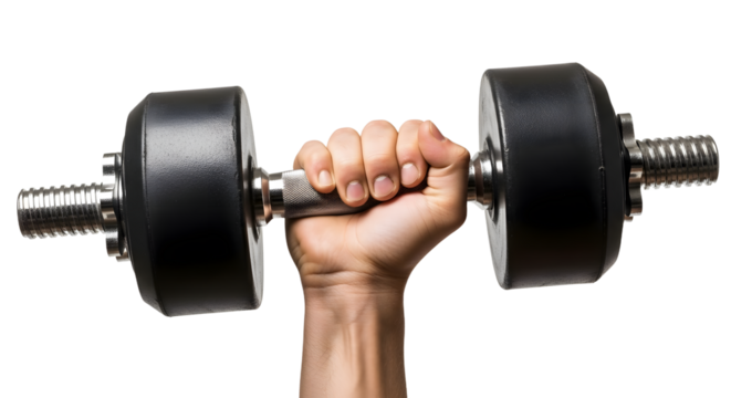 Powerful hand firmly gripping a heavy black dumbbell, showcasing strength, determination, and the drive to achieve fitness goals with intense focus and unwavering commitment., PNG