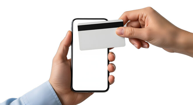 Seamlessly tapping credit card to smartphone screen for secure digital payment and convenient online transactions, embracing modern financial technology., PNG