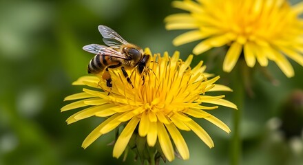 A bee collecting nectar from a bright yellow dandelion flower in a garden setting.