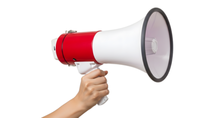 Confident hand firmly grips a vibrant red and white megaphone, ready to amplify messages and capture attention for impactful announcements, rallies, or broadcasts., PNG