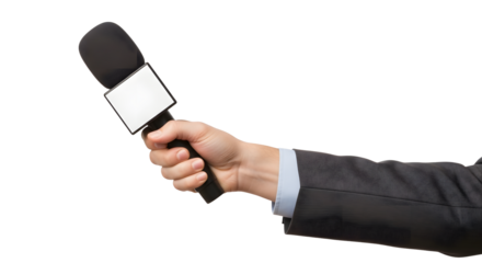 Professional hand holding a broadcast microphone ready to capture important news, interviews, and live event moments with clear audio for media production and reporting, PNG