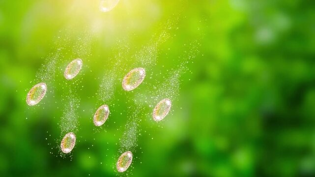 Golden Moments: A cluster of radiant, golden coins float gracefully, illuminated against a verdant, natural backdrop. This evokes a sense of prosperity and abundance.