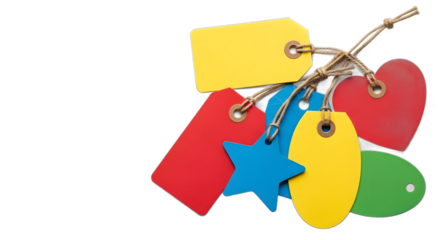 Vibrant assortment of colorful gift tags and price labels, including hearts and stars, tied with rustic twine for creative projects and custom gifting, PNG