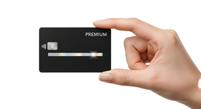 Elegant premium credit card held by a hand showcasing modern contactless payment technology and sophisticated design for exclusive financial transactions and lifestyle upgrades, PNG