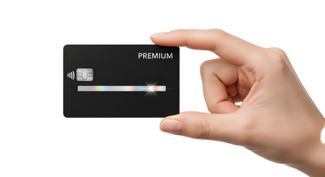 Elegant premium credit card held by a hand showcasing modern contactless payment technology and sophisticated design for exclusive financial transactions and lifestyle upgrades, PNG