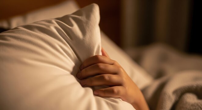 Hand gripping pillow in bedroom setting at night. Hand holding pillow shows need for comfort, rest, and safety, reflecting emotional need. Commercial use,