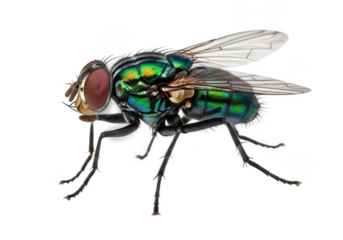 Detailed macro photo of a green bottle fly insect with wings and red eyes stock image, close-up fly photography isolated on transparent background