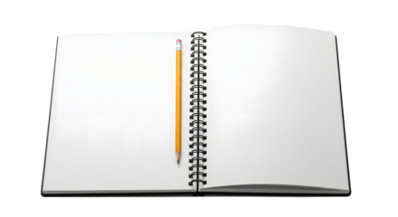 Blank spiral notebook open with a single yellow pencil poised for writing, ready for your creative ideas and important notes, perfect for brainstorming and planning your next big project., PNG