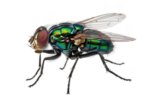 Detailed macro photo of a green bottle fly insect with wings and red eyes stock image, close-up fly photography isolated on transparent background