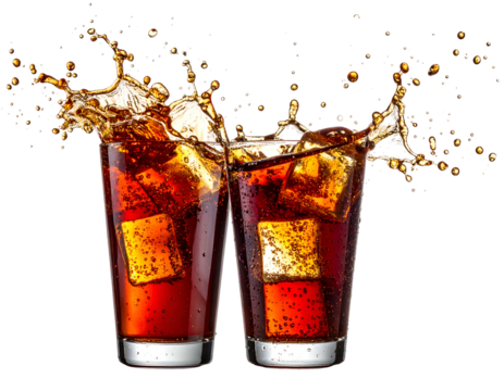 Refreshing bubbly dark beverage with ice cubes