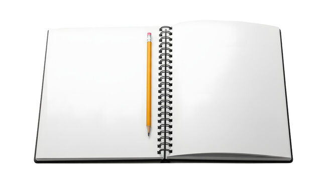 Blank spiral notebook open with a single yellow pencil poised for writing, ready for your creative ideas and important notes, perfect for brainstorming and planning your next big project., PNG - Powered by Adobe