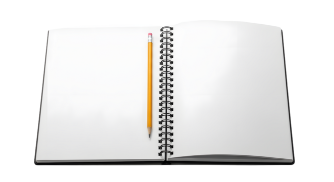 Blank spiral notebook open with a single yellow pencil poised for writing, ready for your creative ideas and important notes, perfect for brainstorming and planning your next big project., PNG