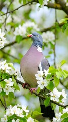 Pigeon perched in blooming spring tree