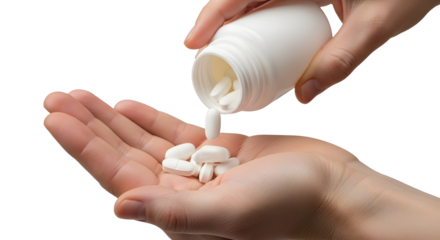 Someone carefully pours white pills from a bottle into their open palm, representing health, wellness, and medication management for a better future., PNG