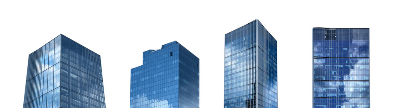 Modern skyscraper architecture. Tall glass tower with blue reflective windows and contemporary urban