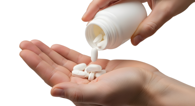 Someone carefully pours white pills from a bottle into their open palm, representing health, wellness, and medication management for a better future., PNG - Powered by Adobe