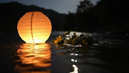 Floating Lantern Serene Night Scene with Glowing Light Reflected in Water