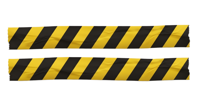Vibrant yellow and black hazard tape strips with realistic texture, perfect for signifying danger, caution, or construction zones in dynamic visual projects., PNG