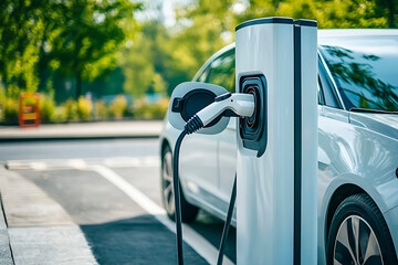 Electric vehicle plugged into a white charging station, symbolizing eco-friendly transport and clean energy future