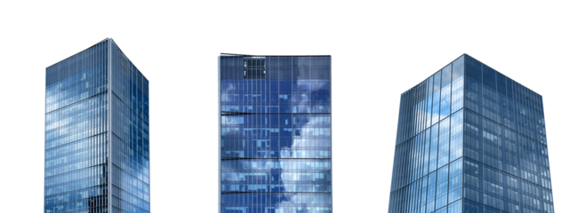 Modern urban building. Glass skyscraper with blue geometric facade and contemporary architecture,