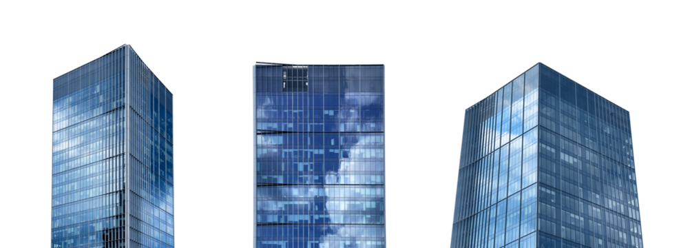 Modern urban building. Glass skyscraper with blue geometric facade and contemporary architecture, - Powered by Adobe