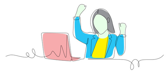 Continuous line art of a young businesswoman raising her hand. The concept celebrates perfect achievement and extraordinary success. The image uses attractive colors.