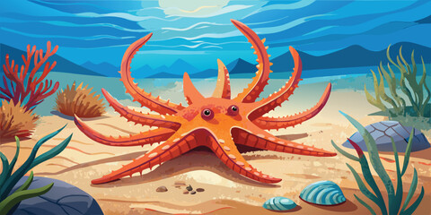 Cartoon illustration of a sea star in a sandy seabed with seaweed and shells