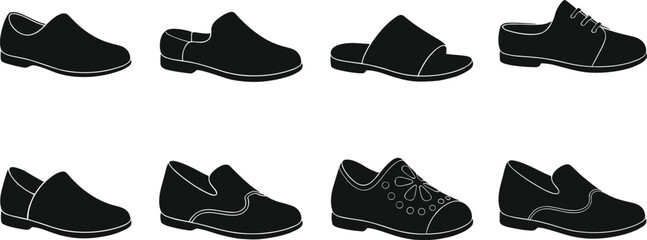 Set of black and white shoes icons, modern footwear collection, different shoe styles, vector fashion design illustration art