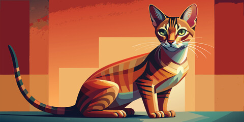 Elegant Abyssinian cat with striking stripes sits gracefully against an orange backdrop