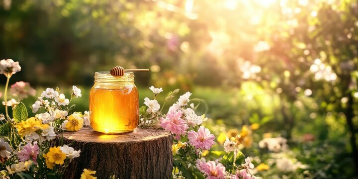 Jar of honey on tree stump surrounded by flowers.