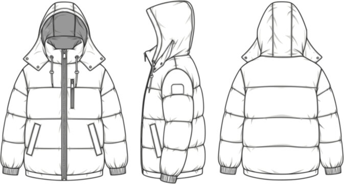 Winter puffer jacket technical flat sketch, front side back view, fashion cad drawing, hooded coat vector, apparel design illustration
