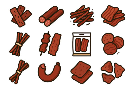 Variety of savory snack foods including jerky and sausages.