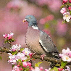Pigeon perched on apple blossom branch