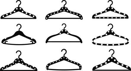 Set of black and white hanger silhouettes, clothing accessory design, minimalist wardrobe organization icons, fashion boutique vector illustration