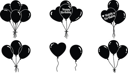 Set of black and white birthday balloons, heart and round shapes, celebration party decoration vector illustration for festive design