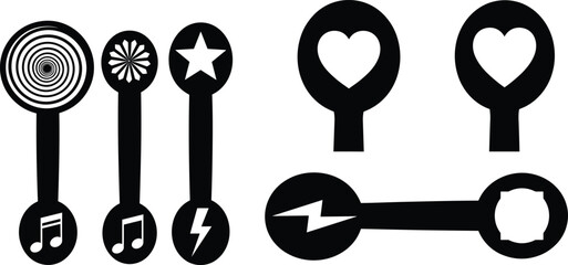 Set of black and white abstract symbol designs, creative vector icons with heart, star, lightning, and music note shapes