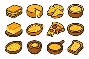 Variety of cheese dishes - lasagna, pizza, macaroni, cheese blocks, fondue.