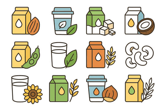 Variety of plant-based milk options illustrated in colorful icons.