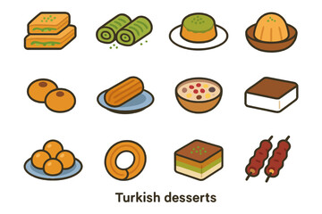 Illustration of eleven iconic turkish desserts: baklava, kunefe, sekerpare, and more.