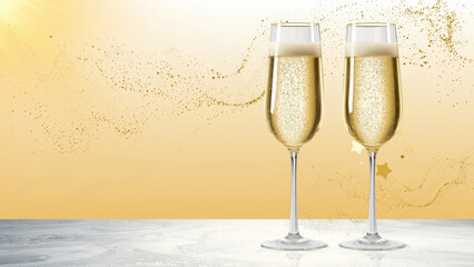 Two elegant champagne flutes filled with bubbly drink, created AI