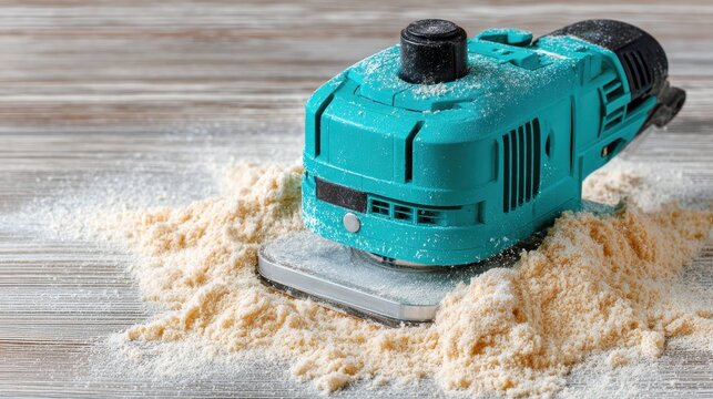 A turquoise orbital sander sits atop a pile of sawdust on a wooden surface, highlighting the fine particles and the wood finishing process. - Powered by Adobe