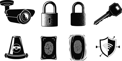 Security icon collection, CCTV camera, padlock, fingerprint scanner, key, alarm siren, and shield symbol for digital safety protection design