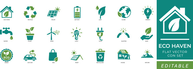  Eco Haven Home and Green Energy Icon Set featuring solar panels, trees,  Battery, Leaf, Energy, Water, Plant, Wind, Home, Light, plants, recycling, and renewable energy symbols  © CREATIVE DESIGNER 