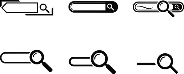 Search bar icon collection, magnifying glass symbol set, vector web interface design elements, modern search field button graphics, UI template