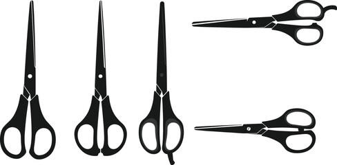 Scissors silhouette set, cutting tool collection, sharp blade illustration, barber shears, household scissors, crafting tool, sewing equipment, black vector design, stationery icon