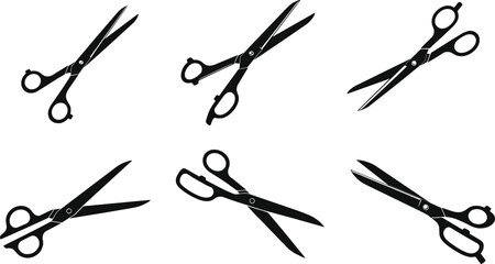 Scissors silhouette set, black vector illustration of cutting tools, barber and tailoring shears, sharp metal blades, isolated design elements