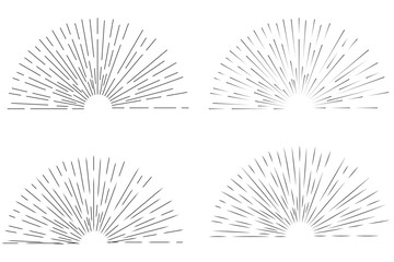  Sunburst shapes, bursting sun rays, sunshine. Radial fireworks burst, sunset and sunrise, star beams, sparkle elements. Vector classic boho logo