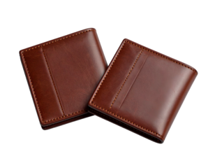 Two brown leather bi-fold wallets side by side