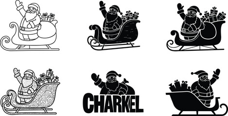 Santa Claus sleigh illustration, waving Santa, Christmas presents, festive holiday art, black and white drawing, silhouette style, seasonal celebration, vintage